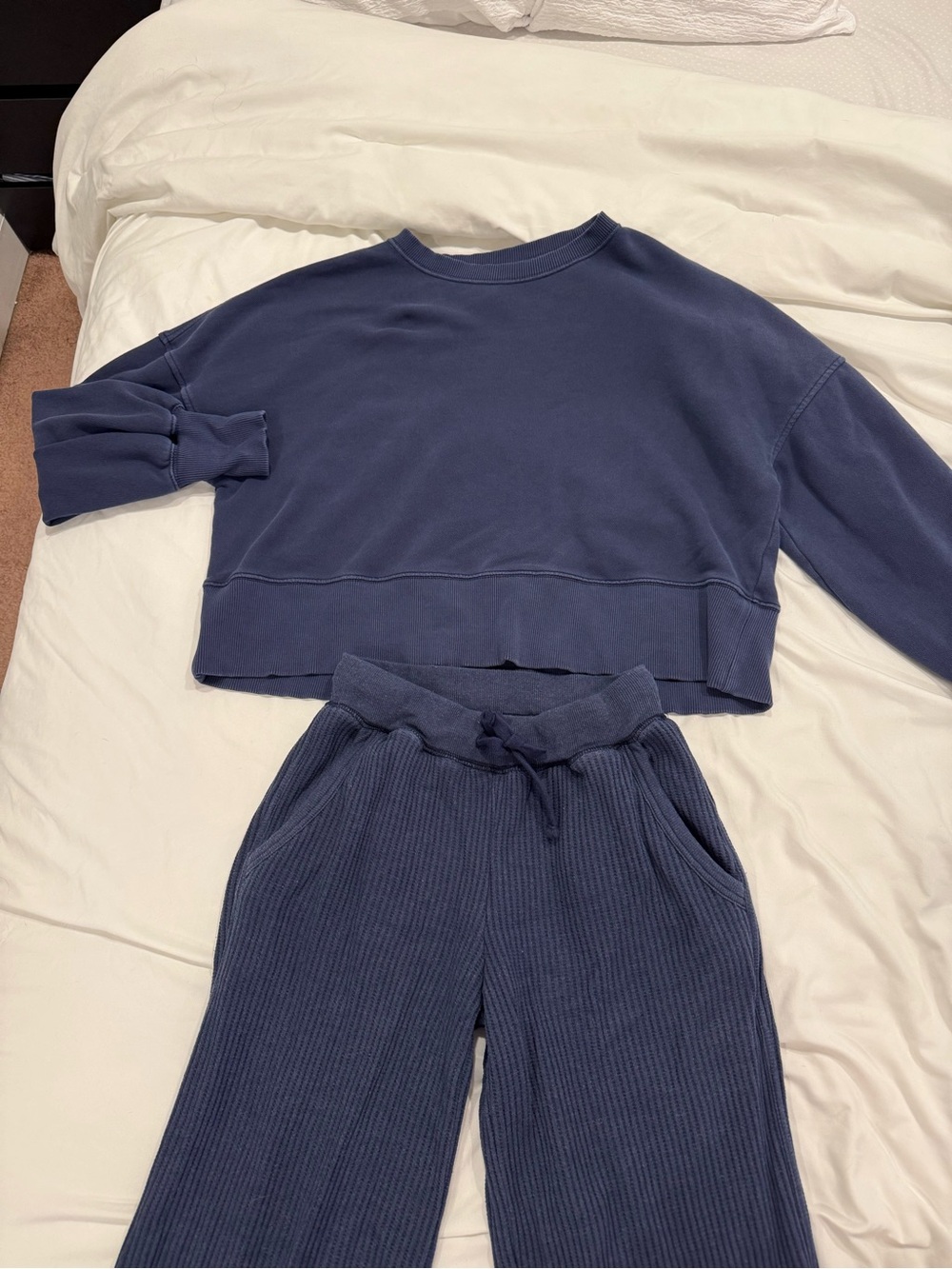 aerie Navy Blue Women's Lounge Set - Cropped Sweatshirt & Ribbed Waffle Pants